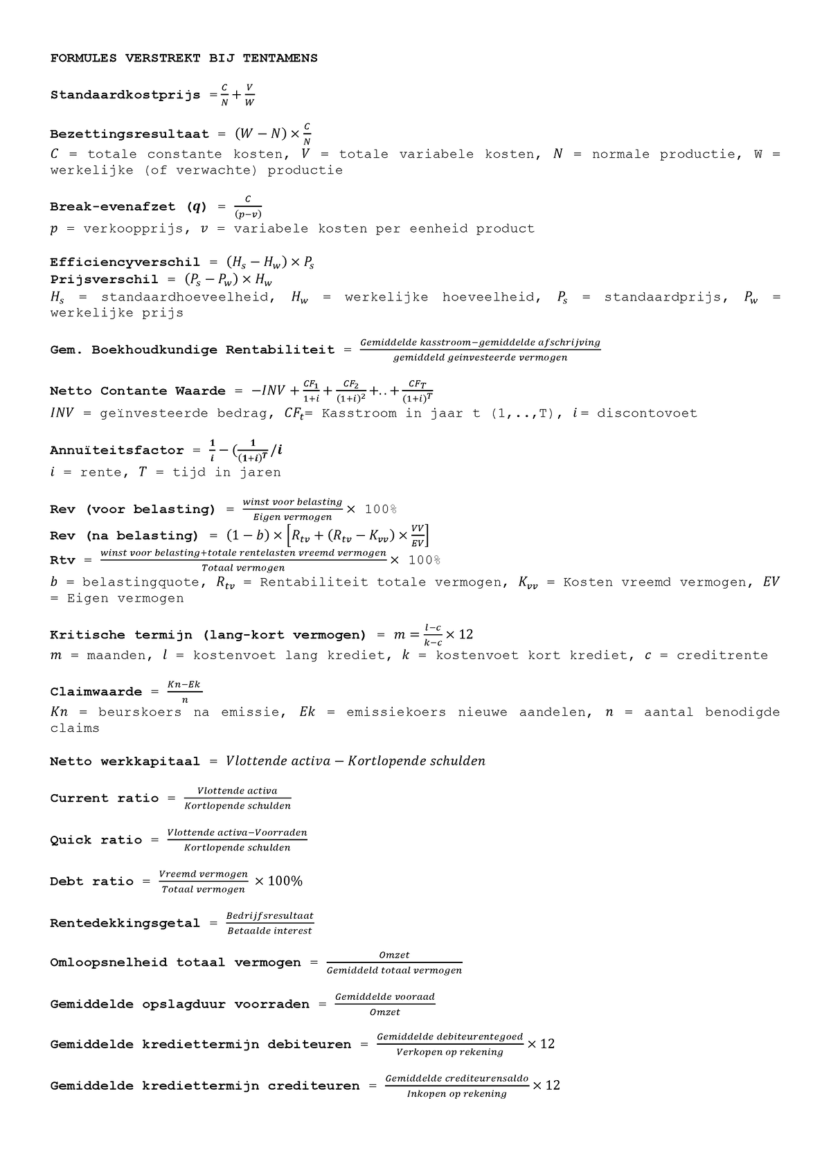 Formula Sheet BEC10306 - FORMULES VERSTREKT BIJ TENTAMENS ...