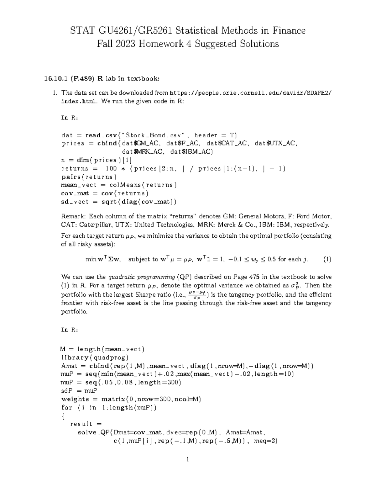 HW4 Sol 2023 - STAT GU4261/GR5261 Statistical Methods in Finance Fall ...