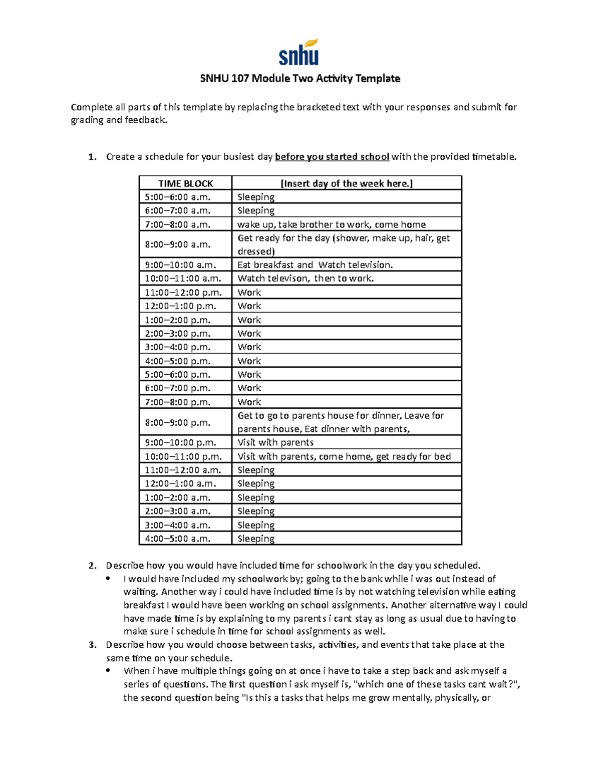 Module Two Activity. Personal Scheduling - SNHU 107 Module Two Activity ...