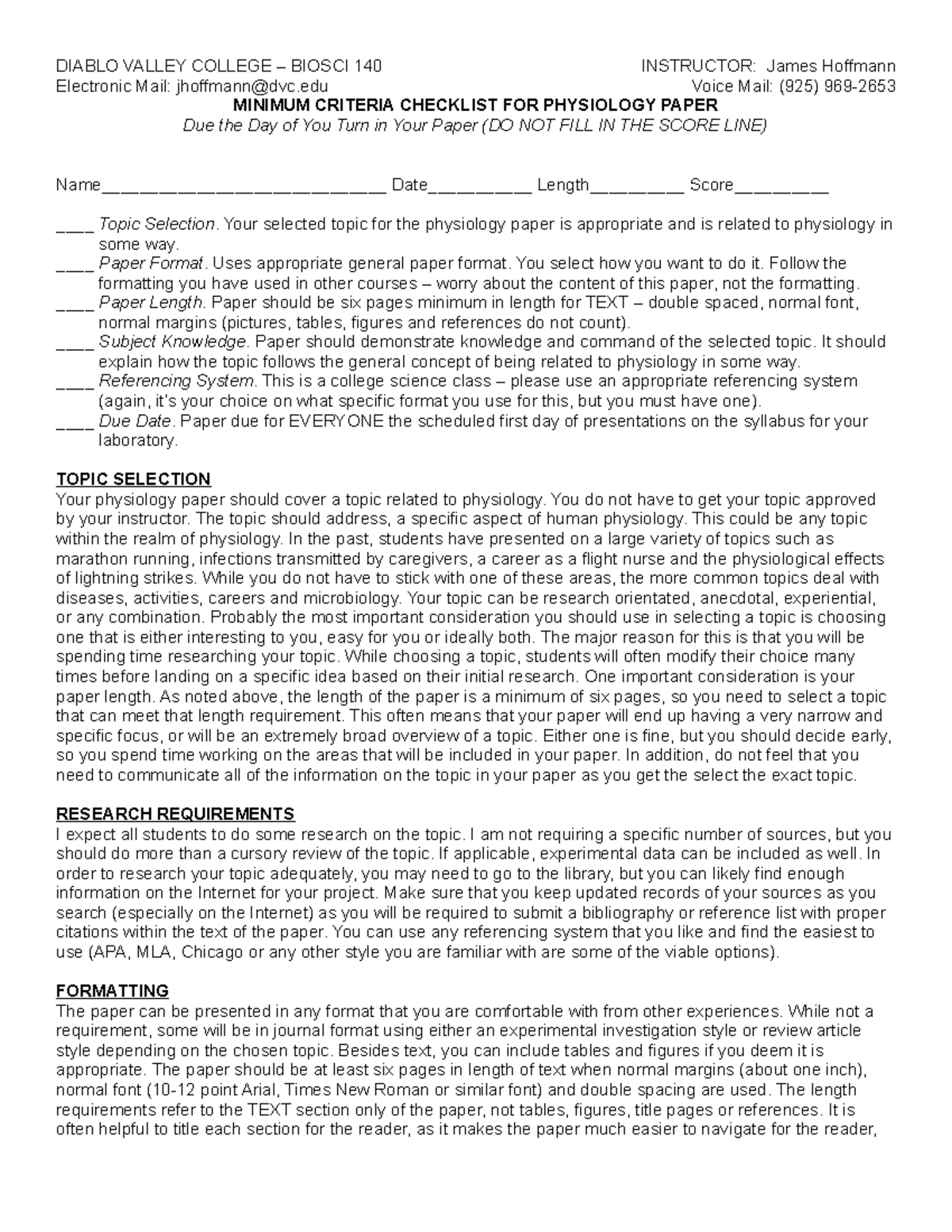 Physiology Paper Checklist Fa19 - DIABLO VALLEY COLLEGE – BIOSCI 140 INSTRUCTOR: James Hoffmann ...