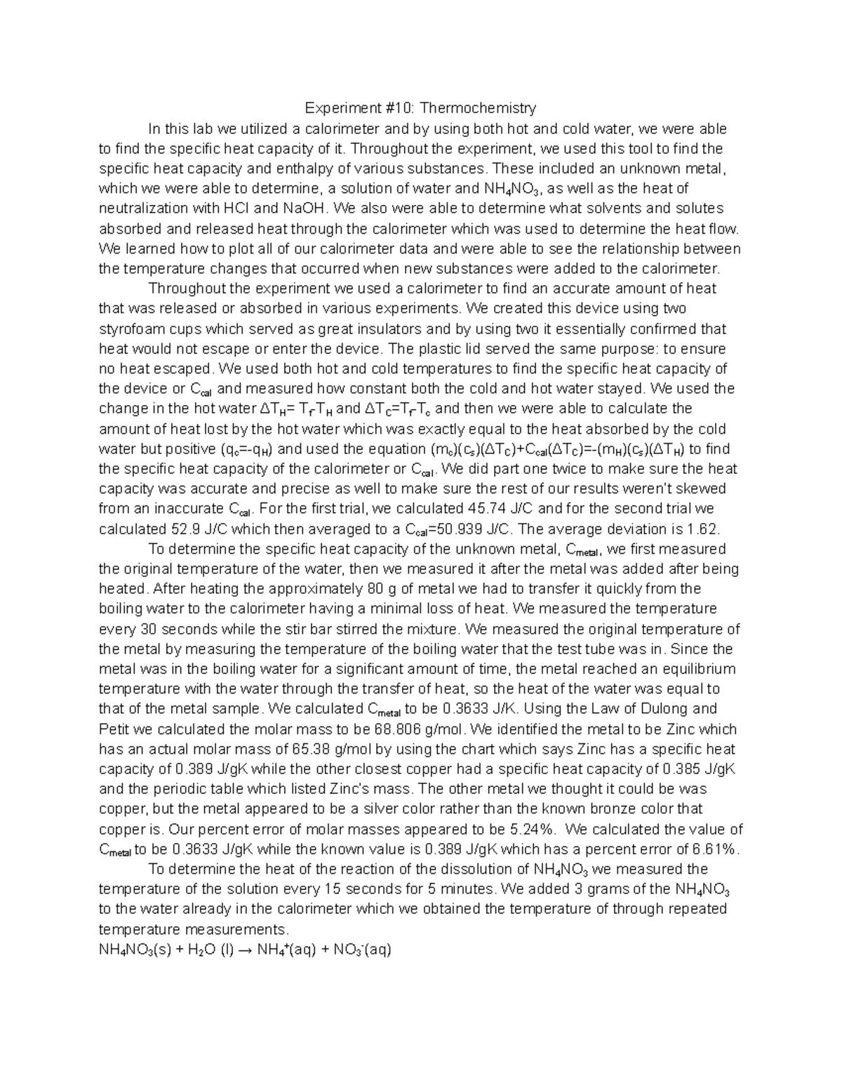 experiment 1 thermochemistry lab report