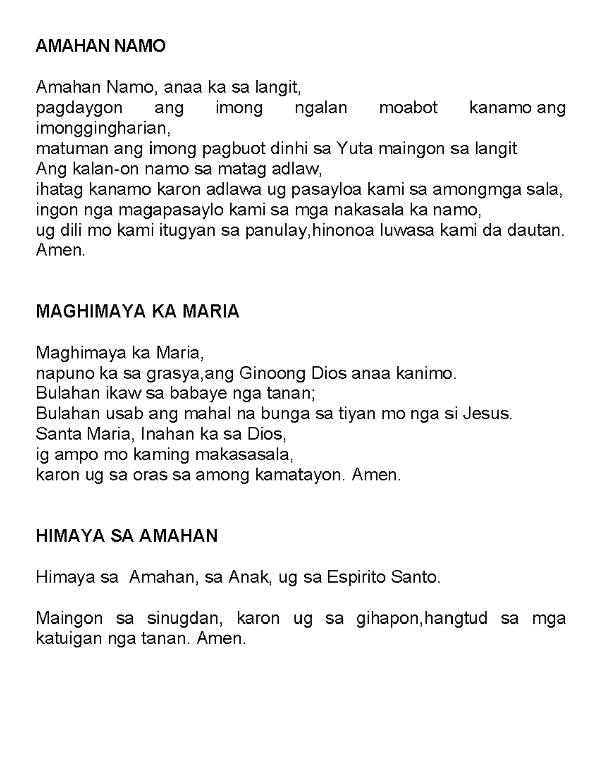 amahan namo our dather bisaya version please i just need this document ...