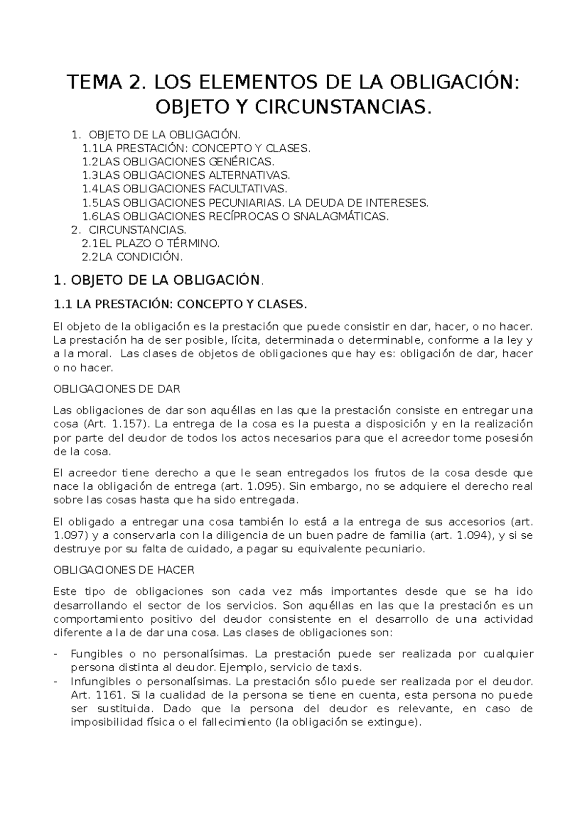 TEMA 2 - Apuntes 2 - TEMA 2. LOS ELEMENTOS DE LA OBLIGACIÓN: OBJETO Y ...