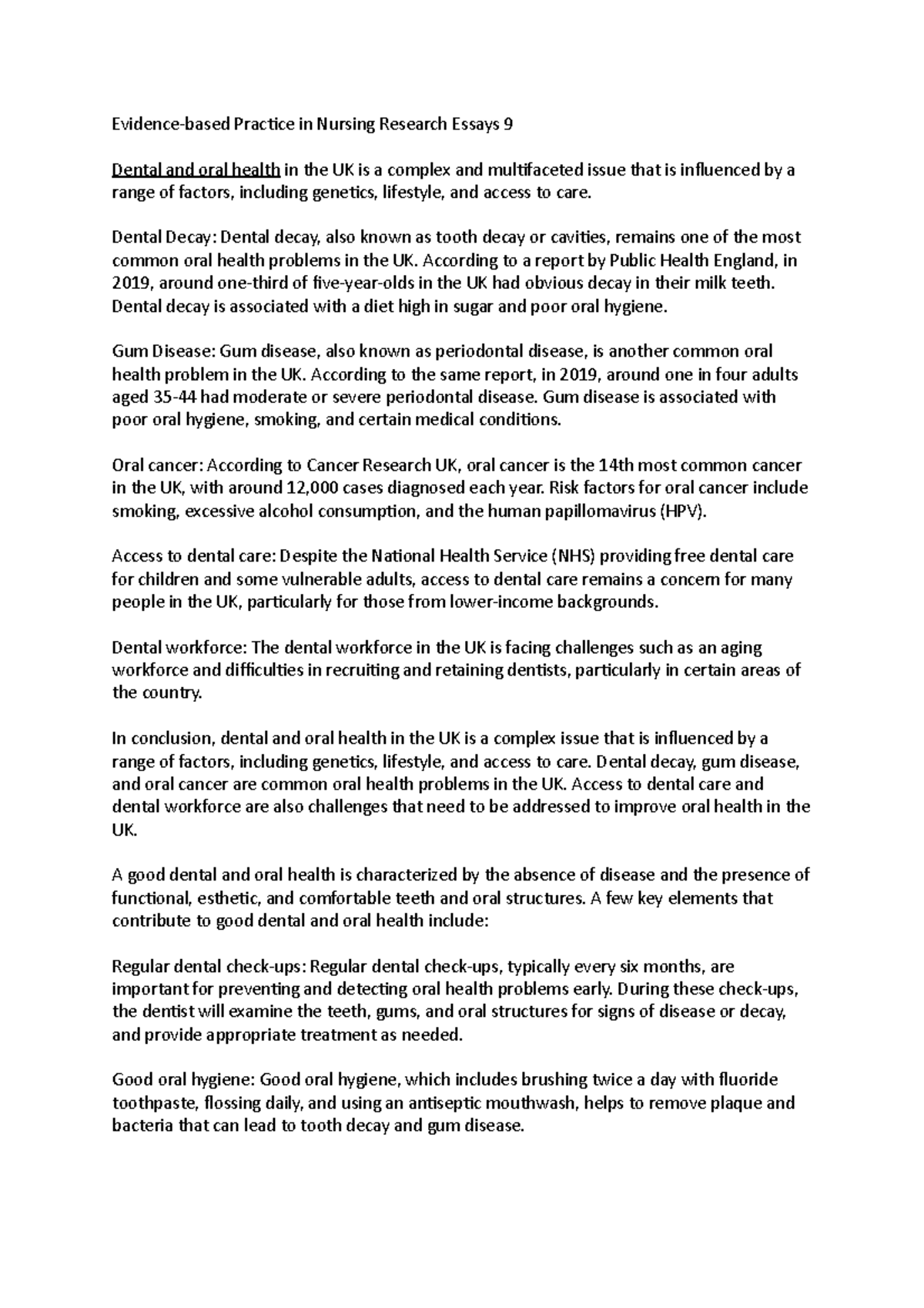 Evidencebased Practice in Nursing Research Essays 9 Dental and oral
