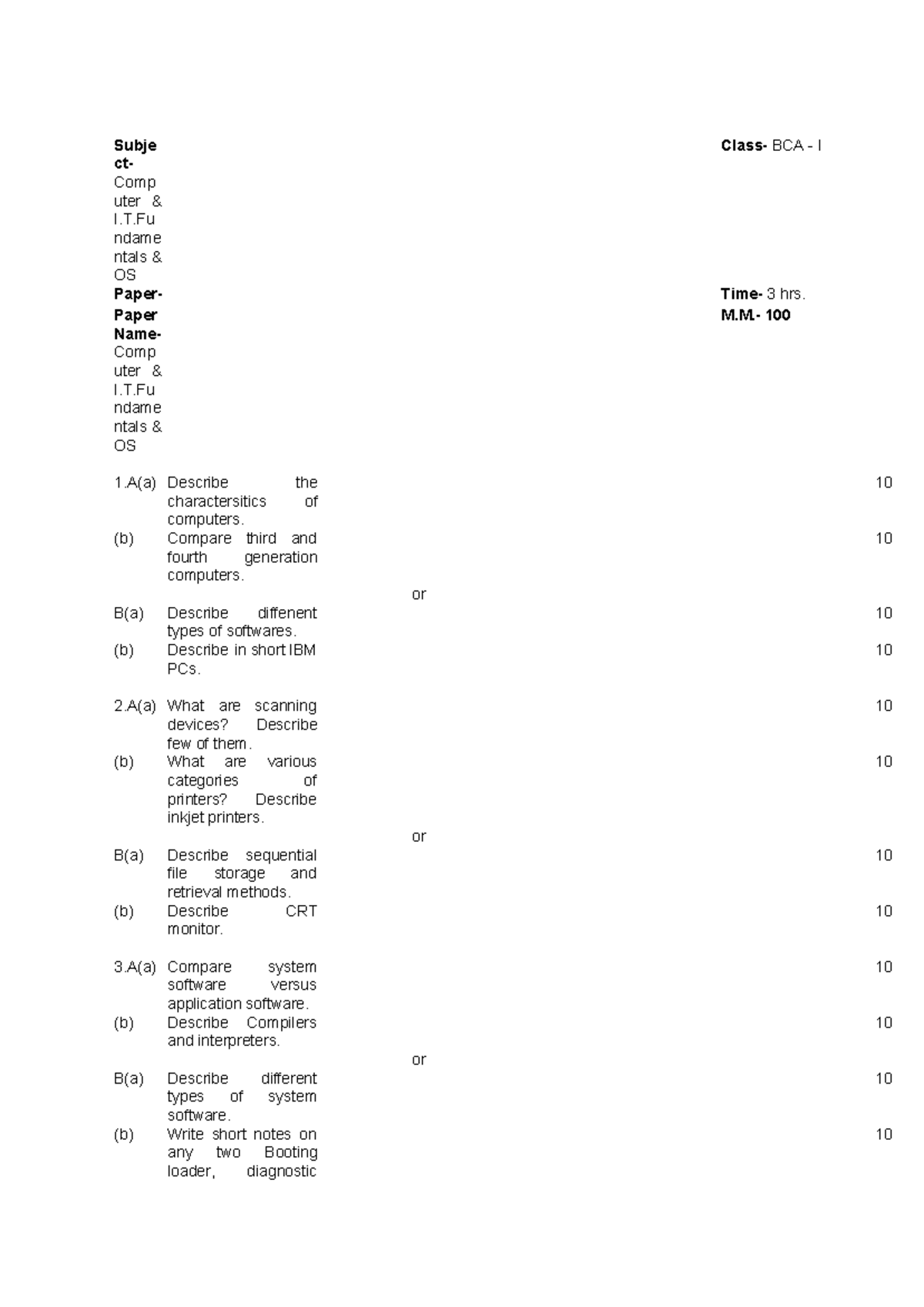 Exam 2016, questions - Class- BCA - I Subje ctComp uter & I.T ndame ...