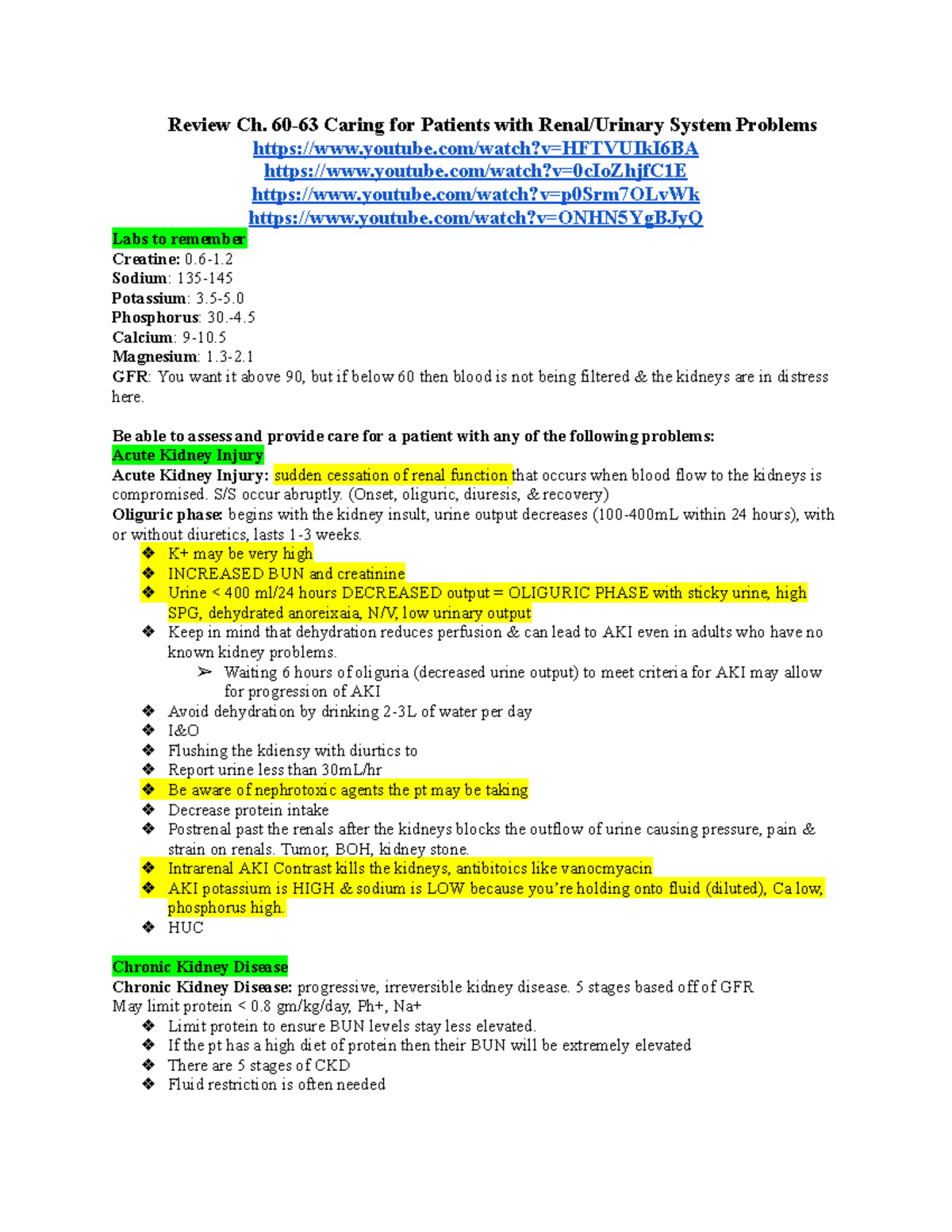 Renal Urinary System Ch. 60-63 - Review Ch. 60-63 Caring For Patients ...