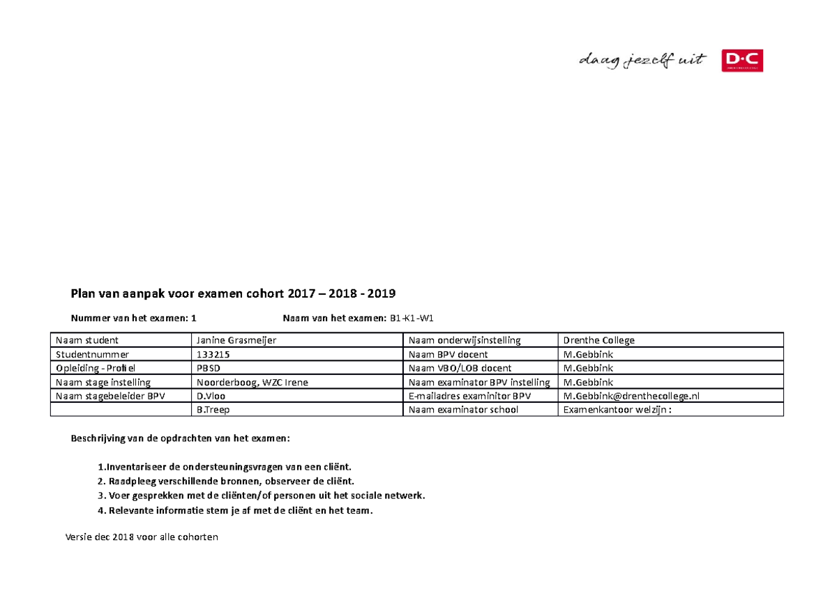 Inventariseert ondersteuningsvragen van de cliënt - Plan van aanpak