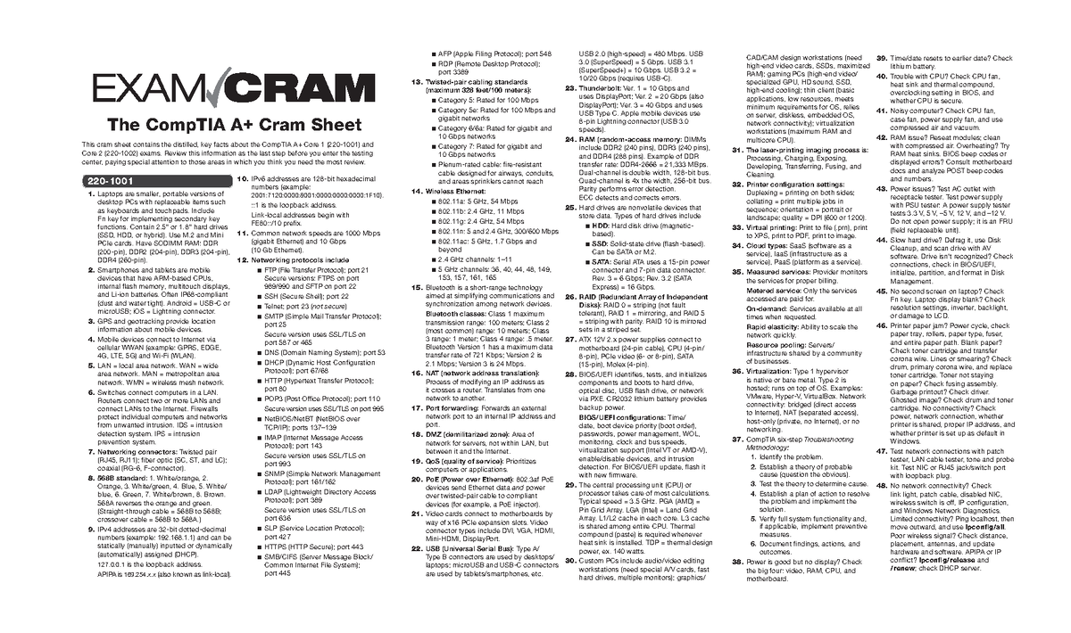 Comp TIA A+ Exam Cram 1001 + 1002 - The CompTIA A+ Cram Sheet This cram  sheet contains the - Studocu