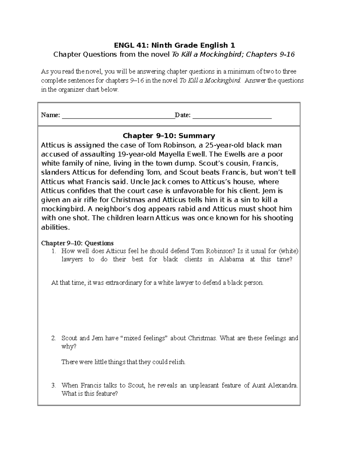 Chapter+Questions+9-16 - ENGL 41: Ninth Grade English 1 Chapter ...