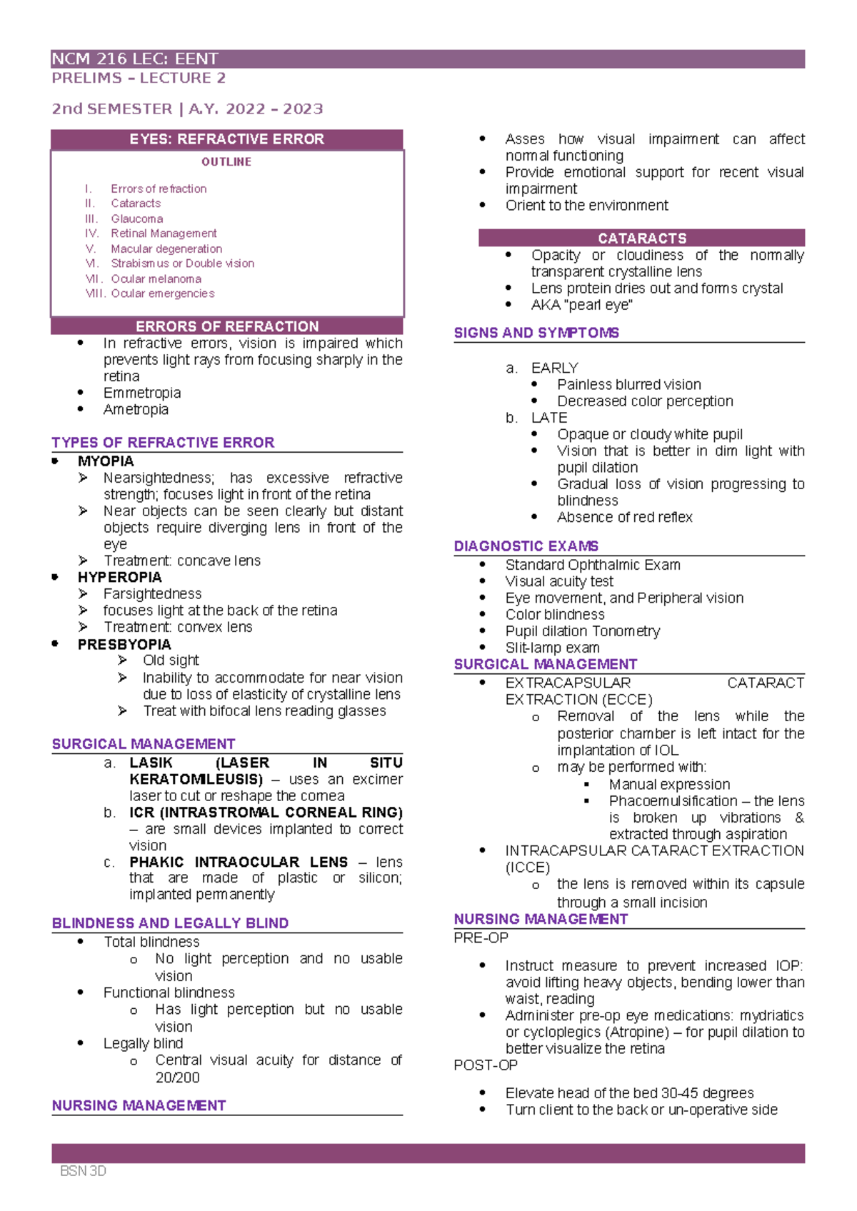 Eyes lecture day 2 - NCM 216 LEC: EENT PRELIMS – LECTURE 2 2nd SEMESTER ...
