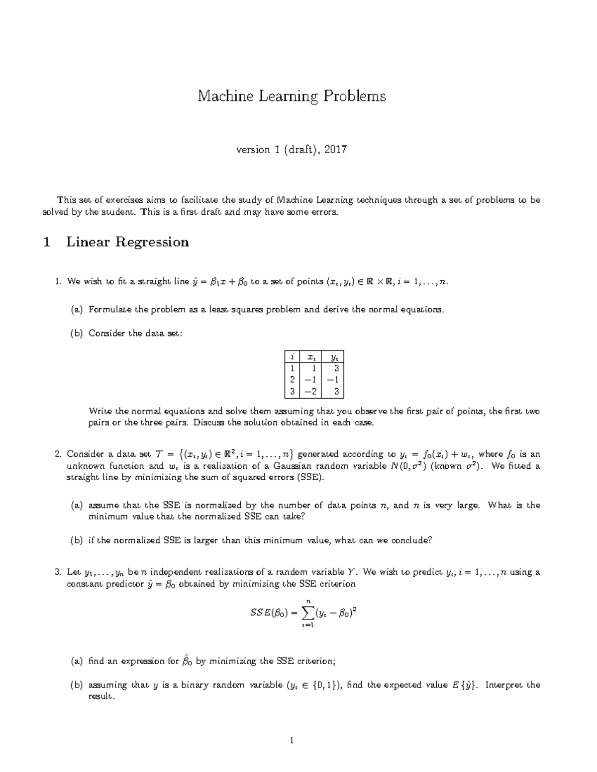 Problems 2017 - Machine Learning Problems version 1 (draft), 2017 This ...