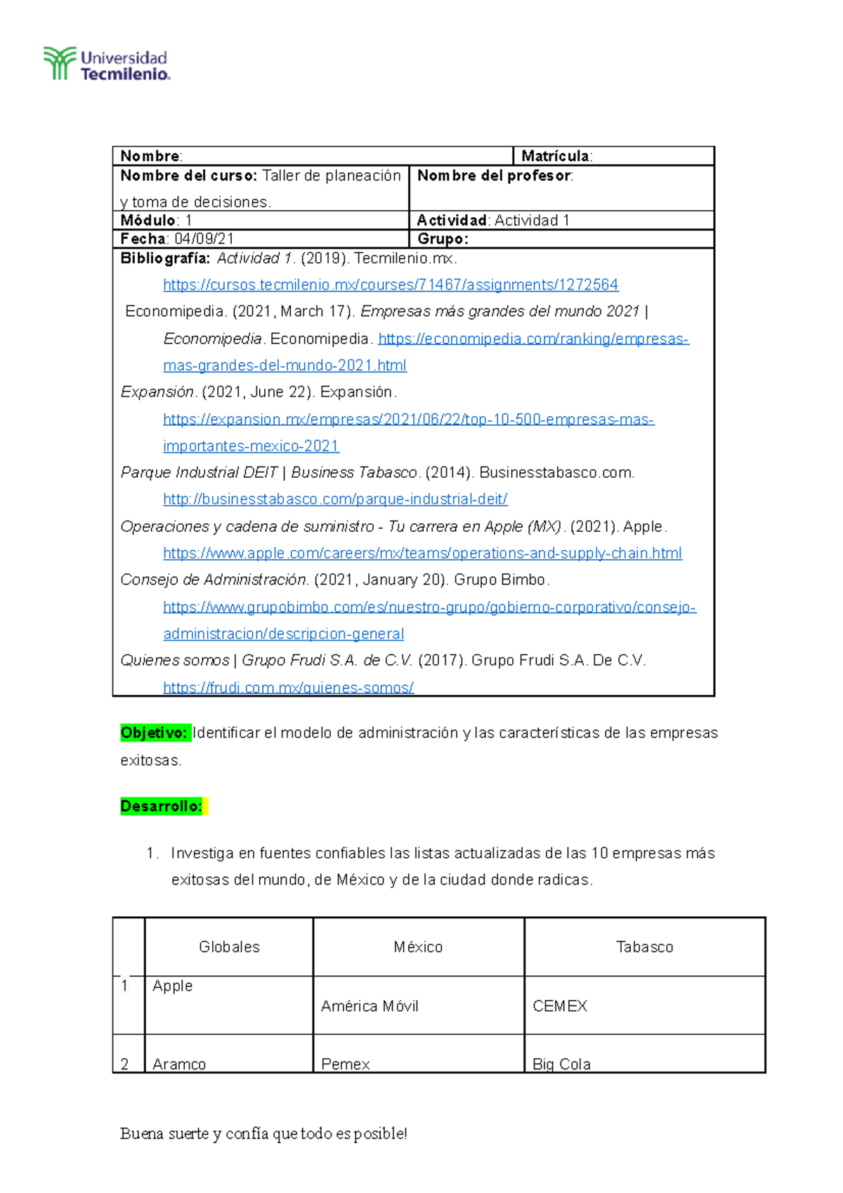 Taller de planeación y toma de decisiones Actividad 1 - Nombre ...