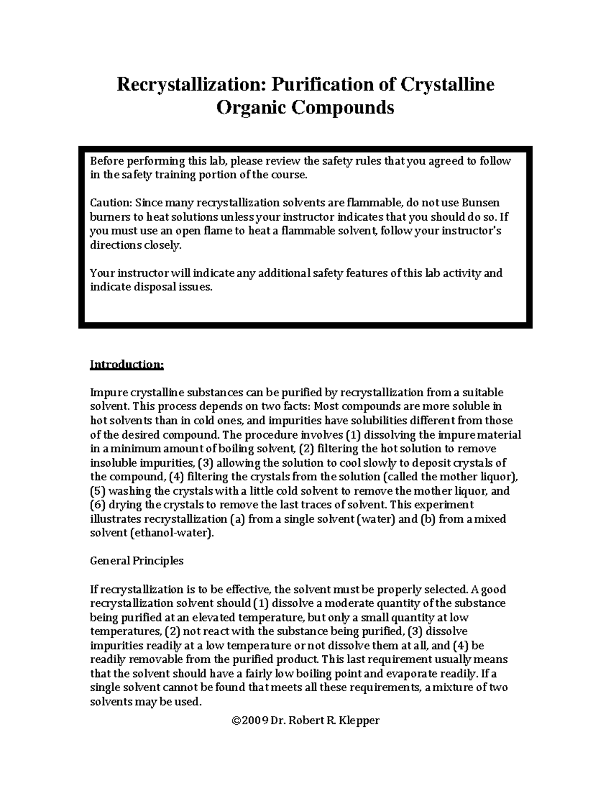 ORG LAB Recrystallization 2009 - Recrystallization: Purification of ...