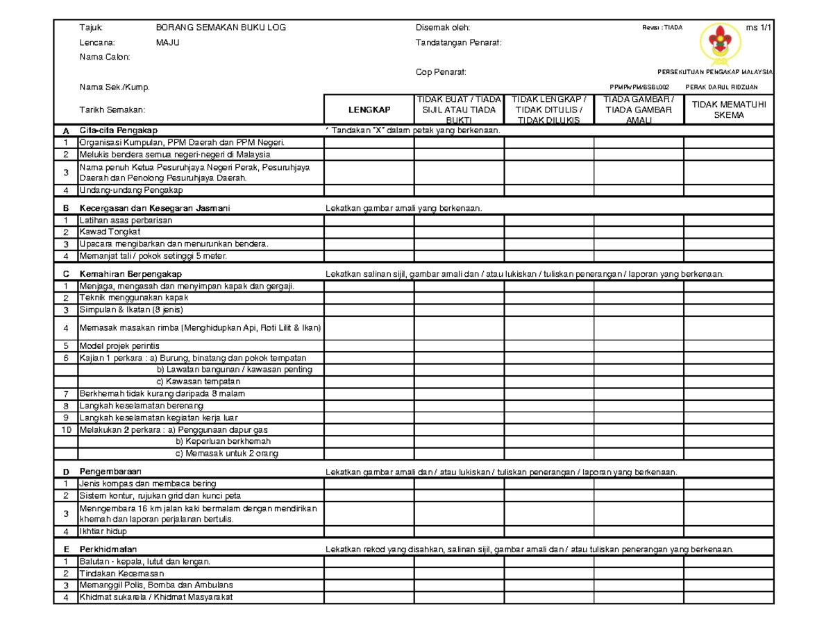 Borang Semak Buku Log 2-maju - Tajuk: Borang Semakan Buku Log Disemak 