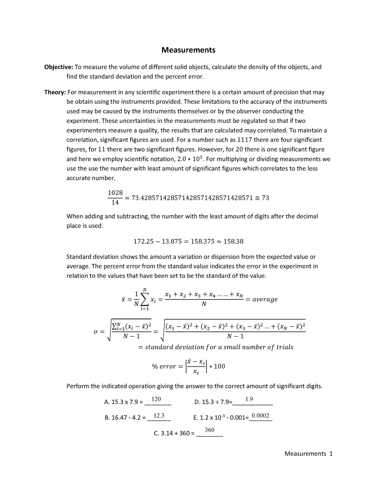 Physics Lab Report 1 Measurements Measurements Objective To Measure The Volume Of Different 6329