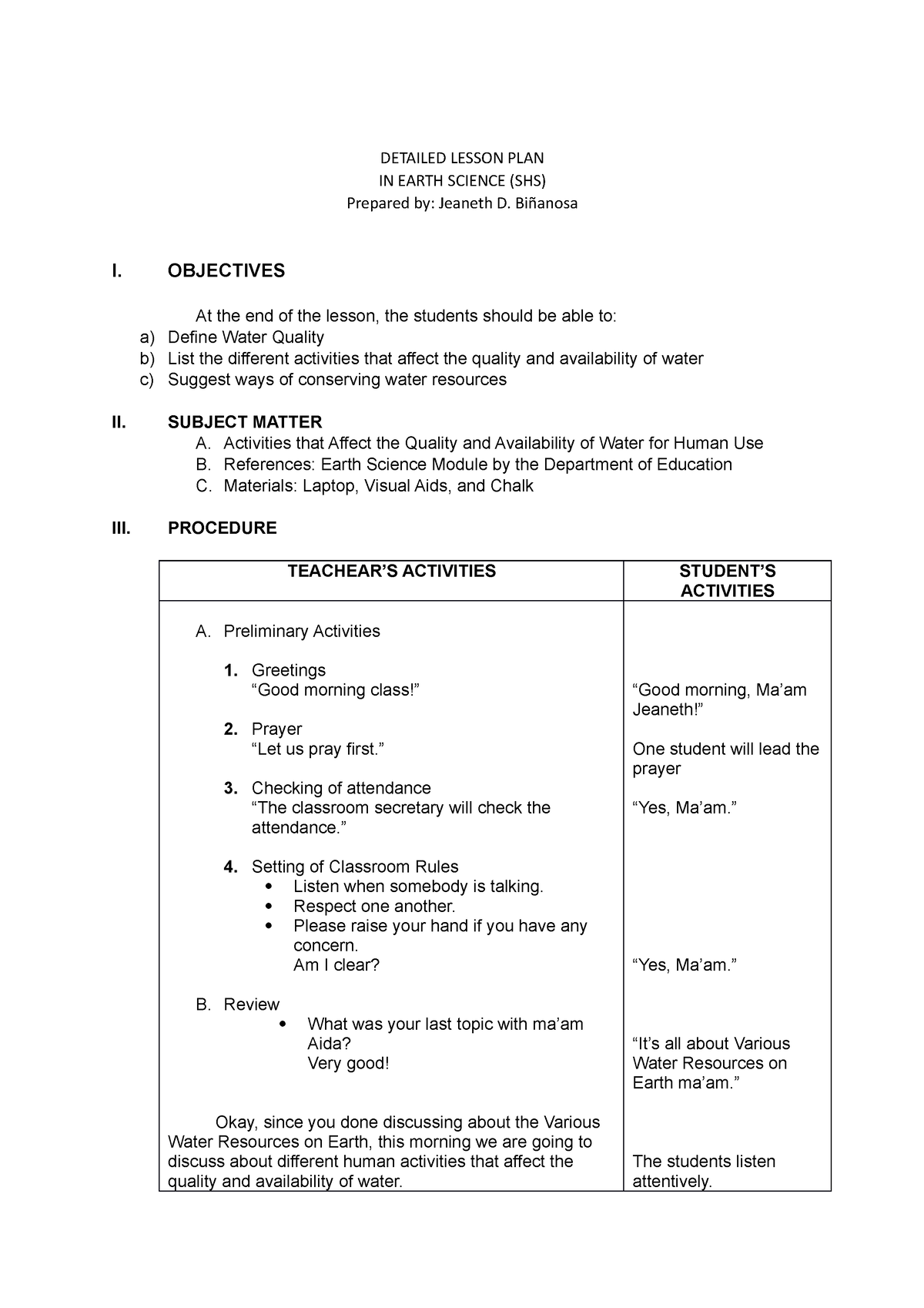 DLP-Q1 MOD 10 Water Quality - DETAILED LESSON PLAN IN EARTH SCIENCE ...