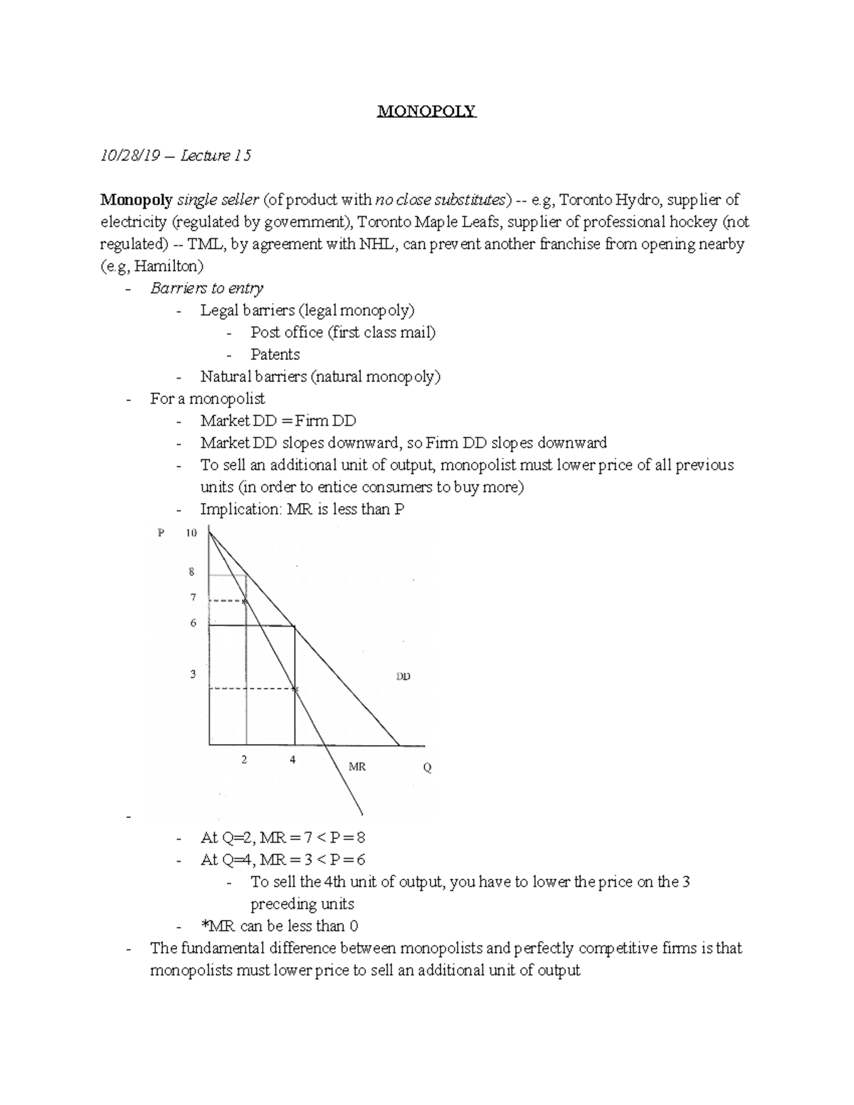 Monopoly Lecture Notes - MONOPOLY 10/28/19 - Lecture 15 Monopoly single ...
