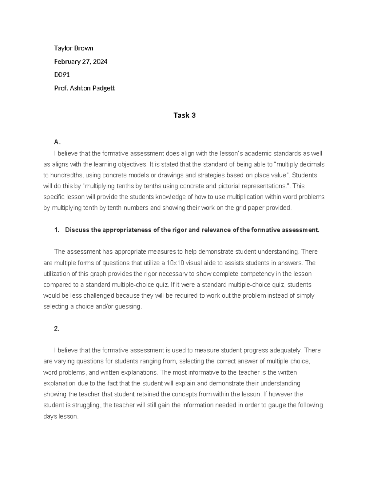 Task 3 intro curric - WGU TASK 3 PASSED - Taylor Brown February 27 ...