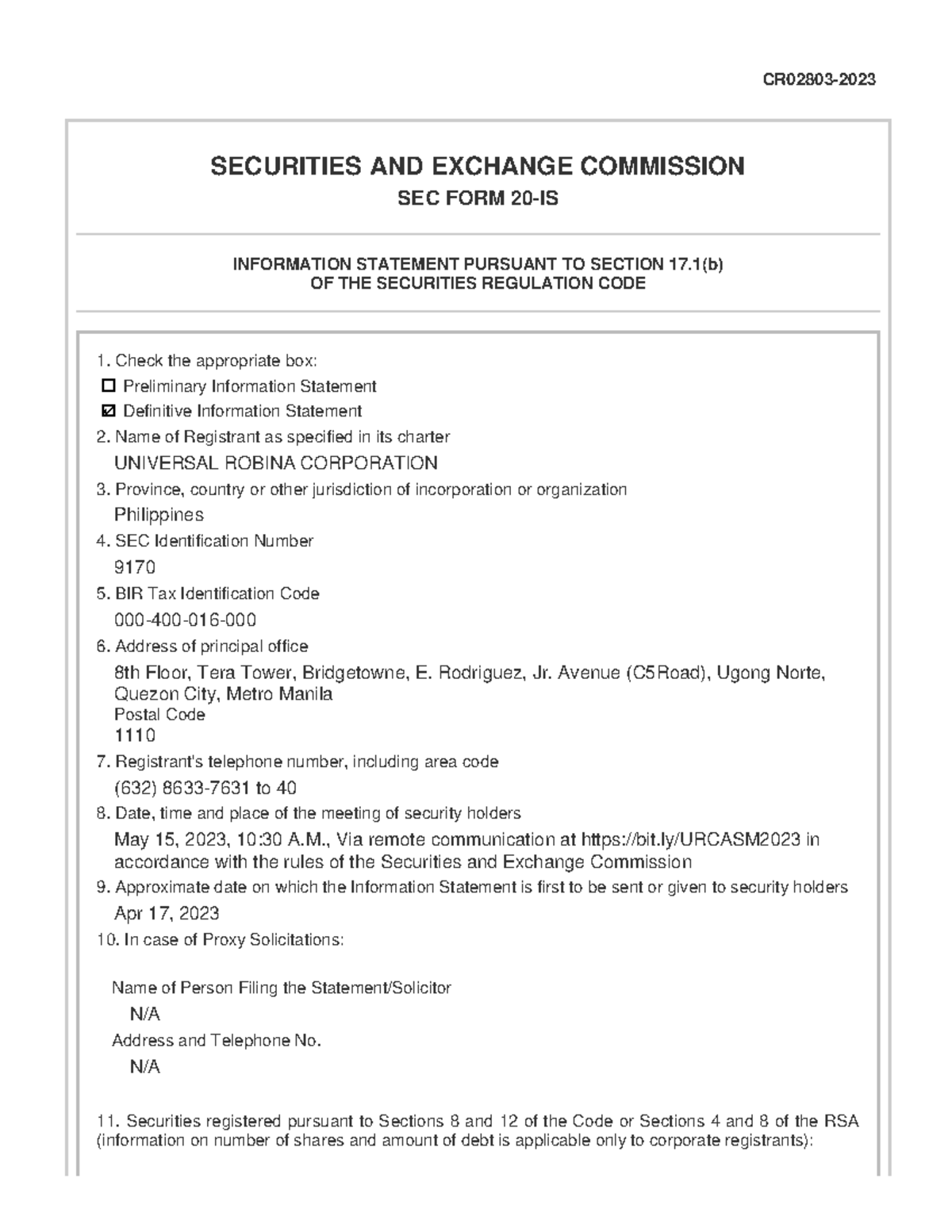 URC-Definitive-Information-Statement-2023 - ####### CR02803- SECURITIES ...