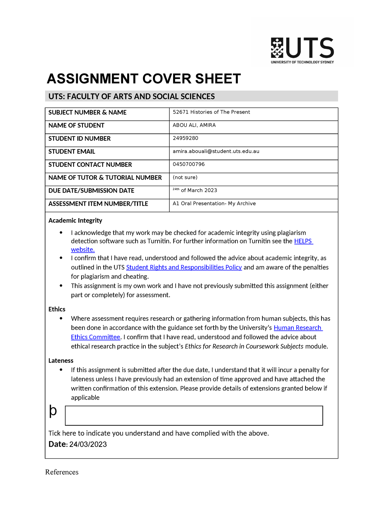 assignment cover sheet uts