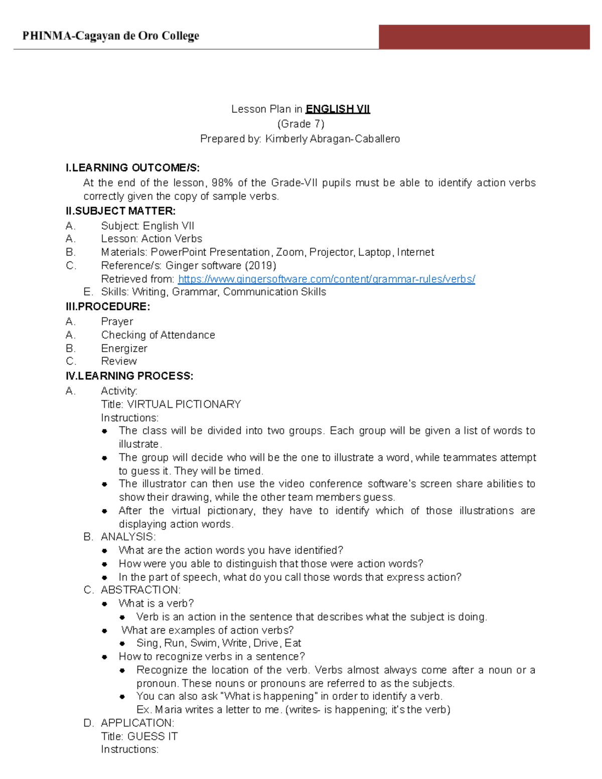 4As Lesson Plan Action Verbs Lesson Plan In ENGLISH VII Grade 7