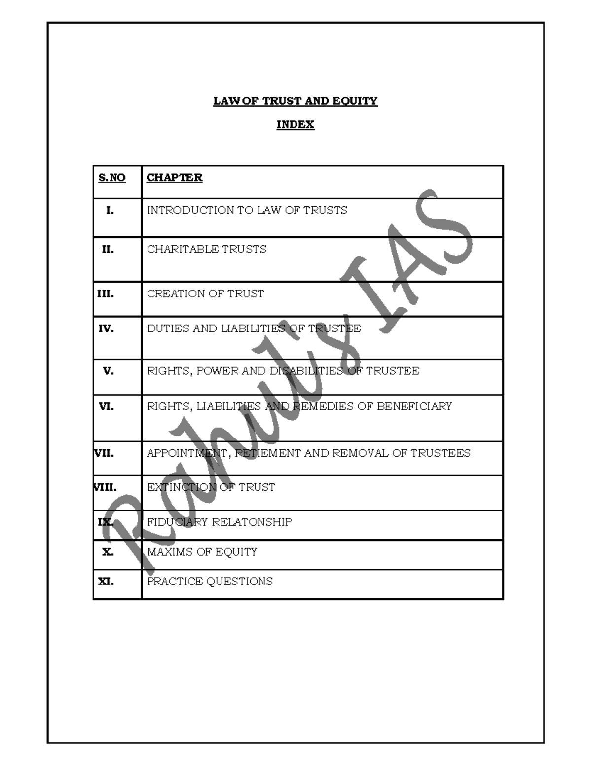 Equity AND Trust Notes LAW OF TRUST AND EQUITY INDEX S CHAPTER I