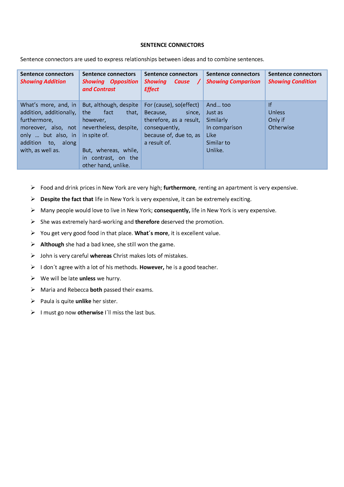 Sentence Connectors Chart Sentence Connectors Sentence Connectors Are Used To Express Studocu