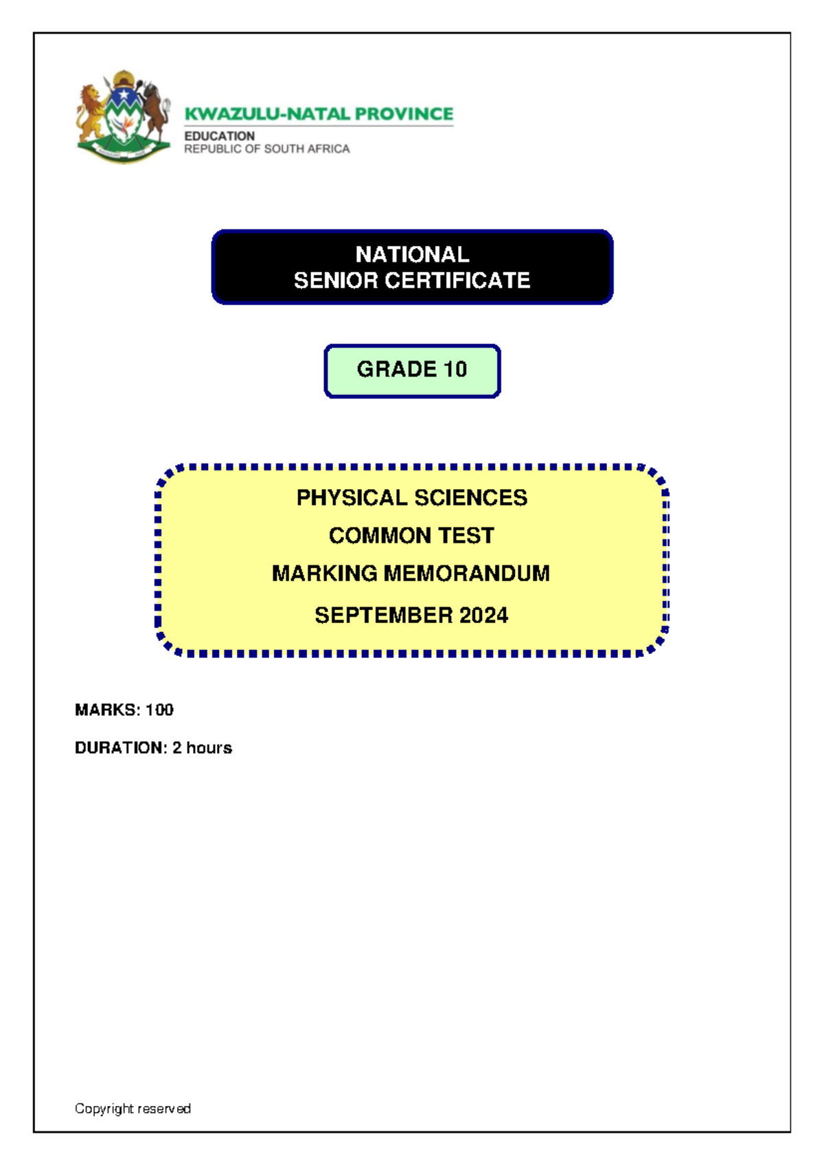 Physical Science Grade 10 September 2024 Memo AMEN 240917 193041