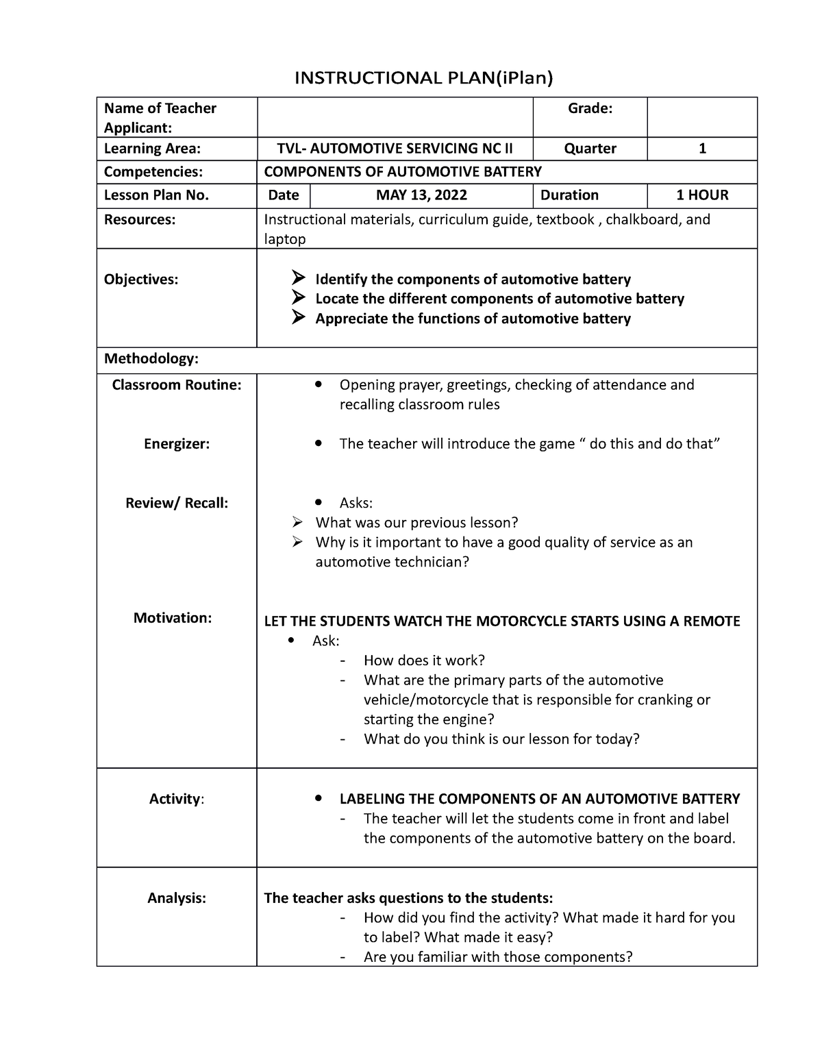 Iplan-auto - Lesson plan in automotive technology - Name of Teacher ...