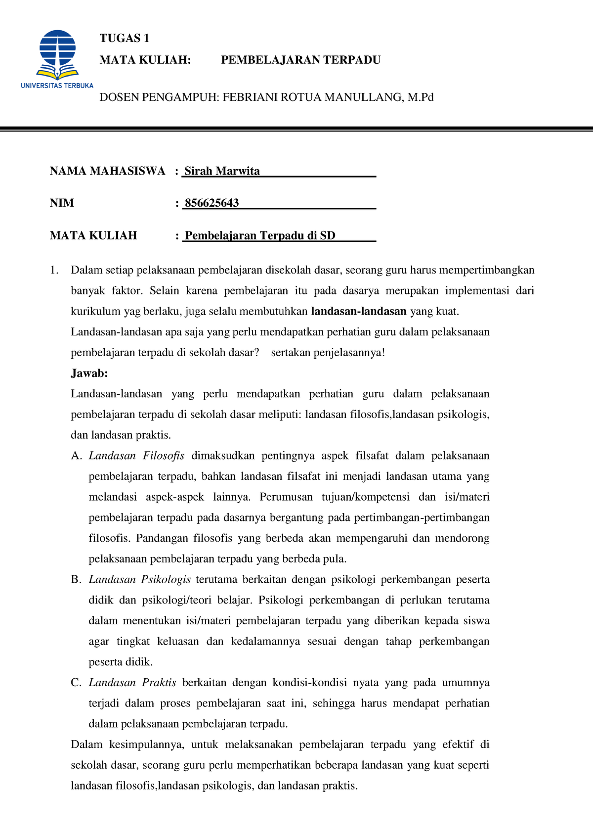 Tugas 1 Pembelajaran Terpadu - TUGAS 1 MATA KULIAH: PEMBELAJARAN ...