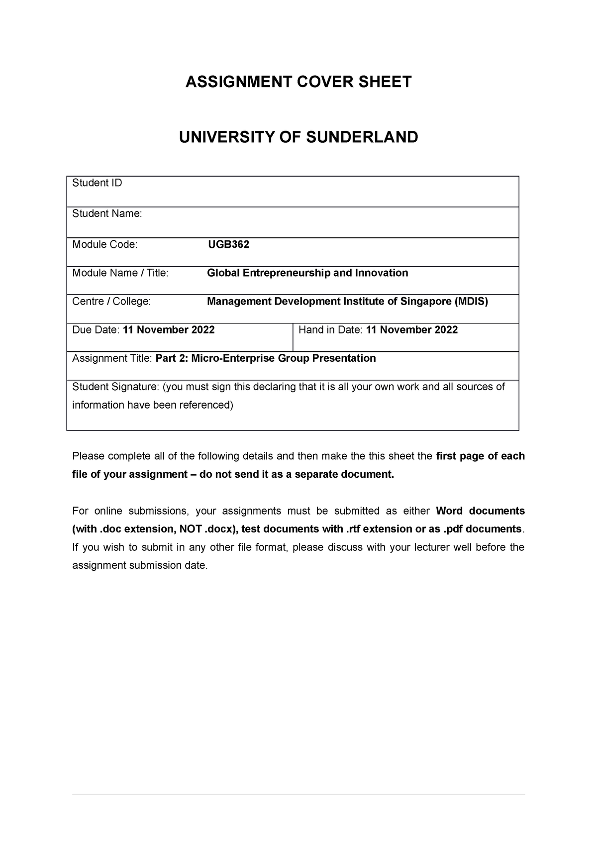 university of sunderland assignment submission