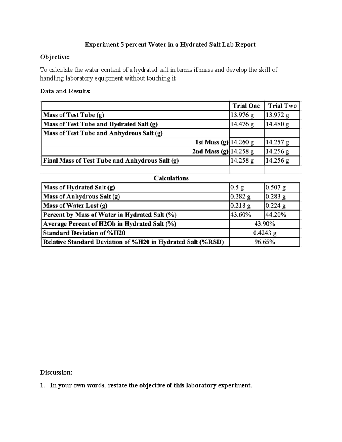 Ex 5 Lab Report bio lab Experiment 5 percent Water in a Hydrated