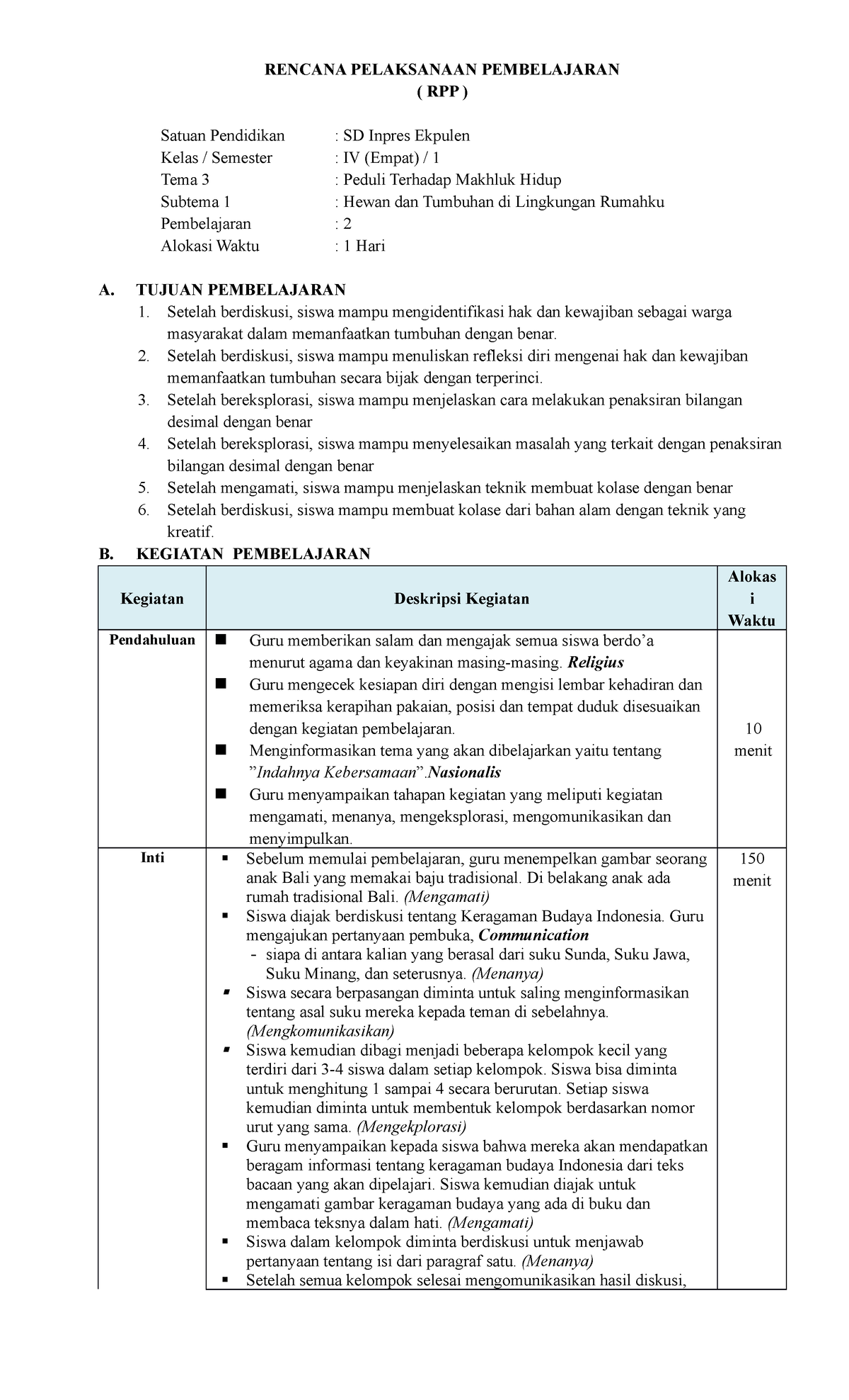 4.1.1.1 - RPP - Rpp - RENCANA PELAKSANAAN PEMBELAJARAN ( RPP ) Satuan ...