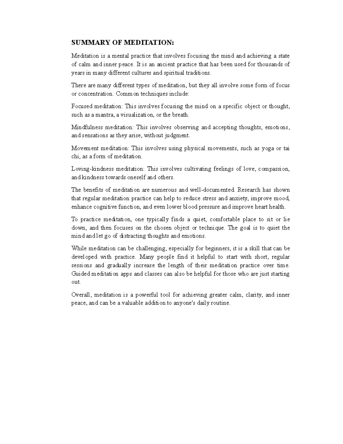 Summary of Meditation - SUMMARY OF MEDITATION: Meditation is a mental ...