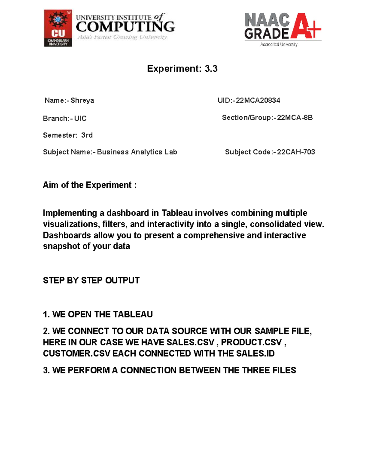 Worksheet 3.3 ba - guiiouiouj - Experiment: 3. Branch:- UIC Semester ...