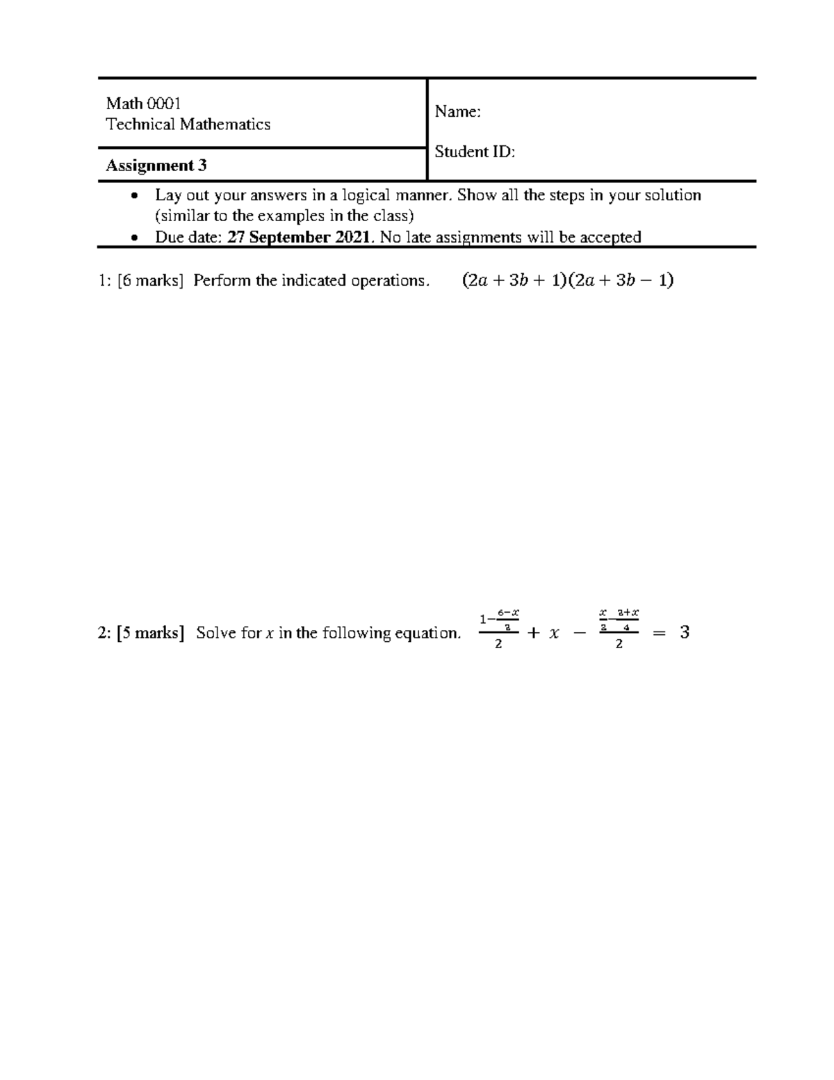 Math 0001 Sept 2021 Assignment 03 - Math 0001 Technical Mathematics ...