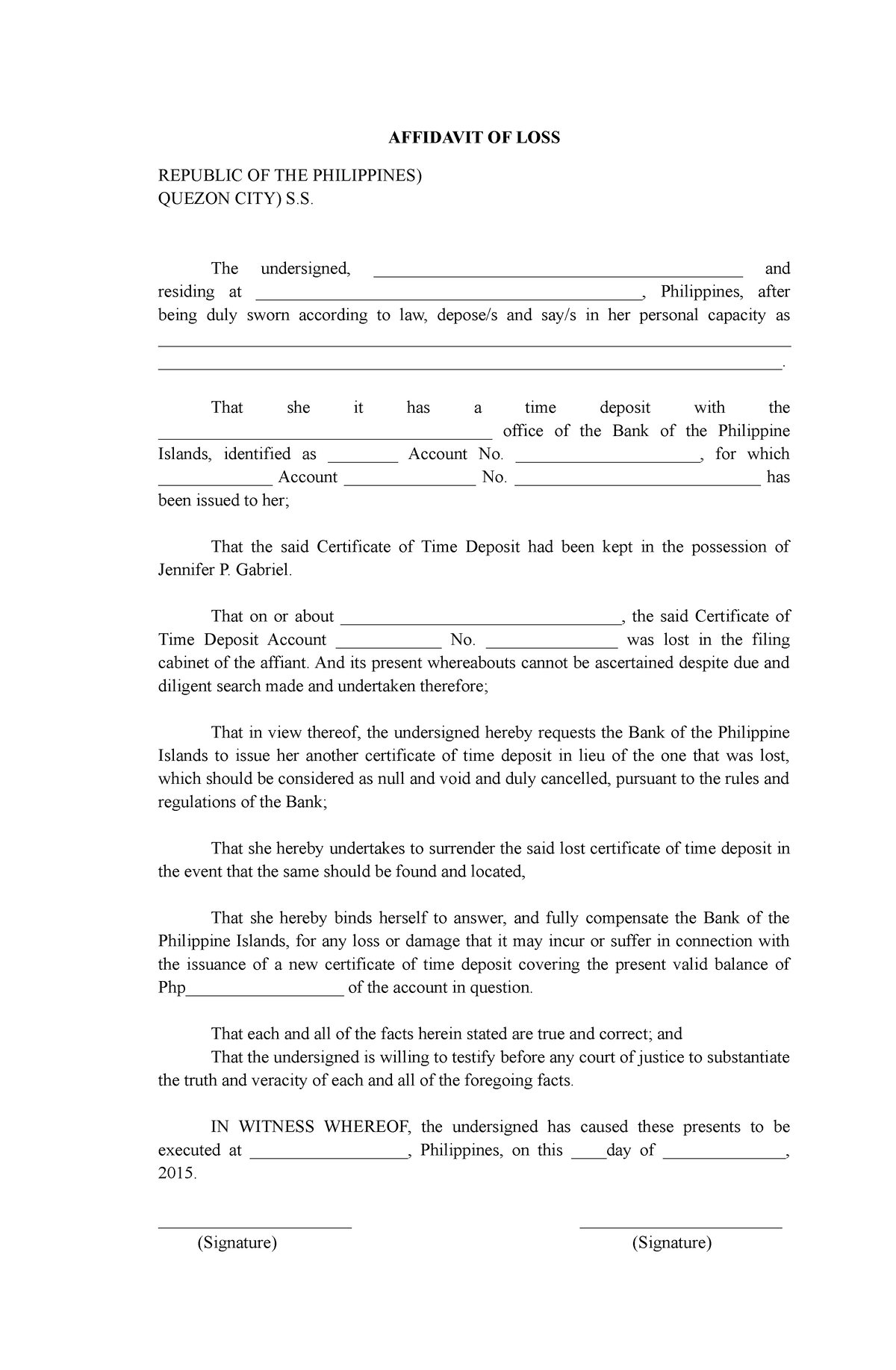 Affidavit Of Loss Cert Of Time Deposit - Affidavit Of Loss Republic Of 