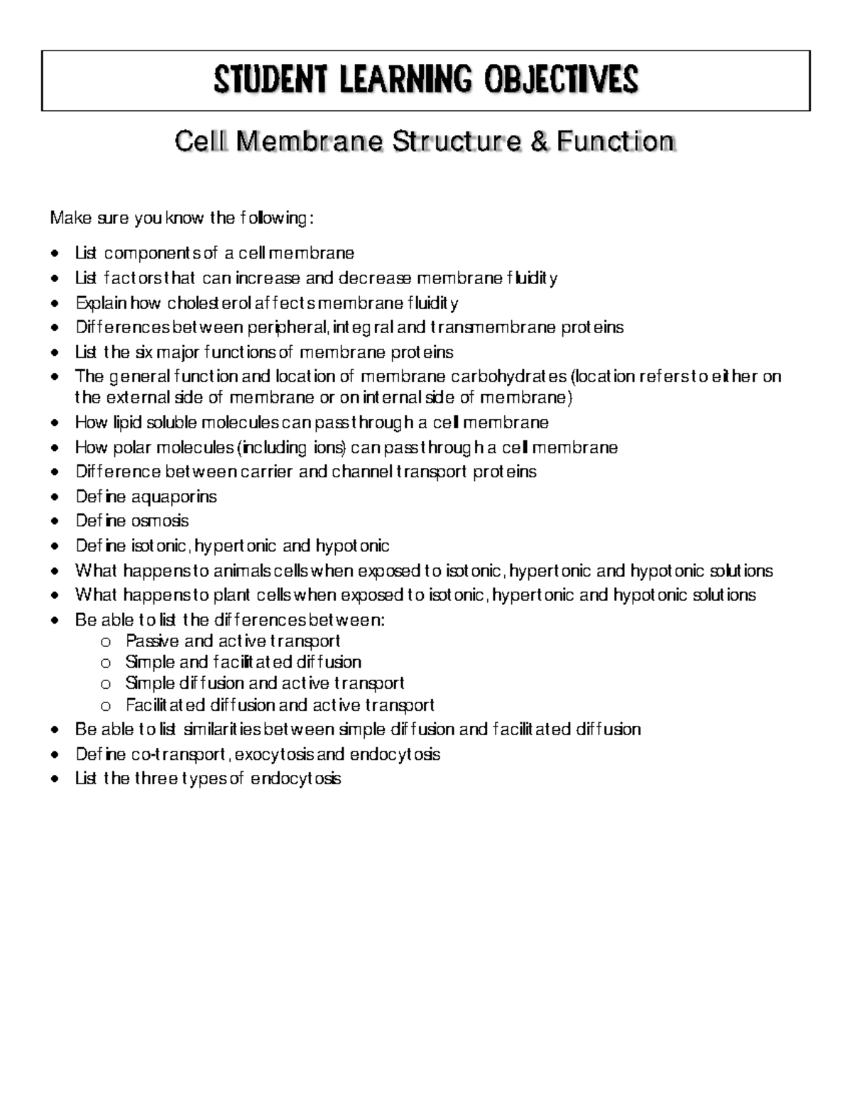 BISC 101 - Student Learning Objectives - Topic 3 - Cell Membrane ...