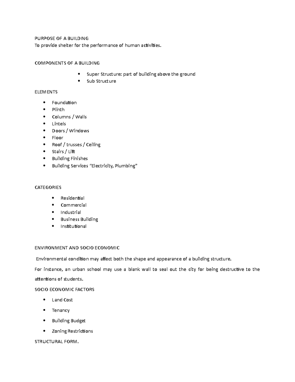 Building Design 1 - PURPOSE OF A BUILDING To provide shelter for the ...