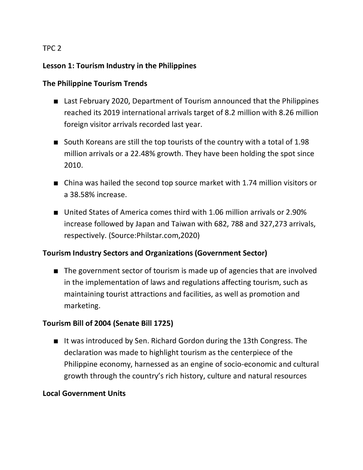 TPC 2 Lesson 1 - TPC 2 Lesson 1: Tourism Industry In The Philippines ...