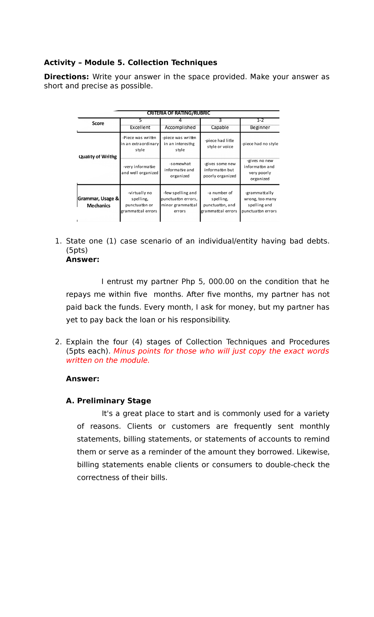 Activity Credit AND Collection Activity Module 5. Collection