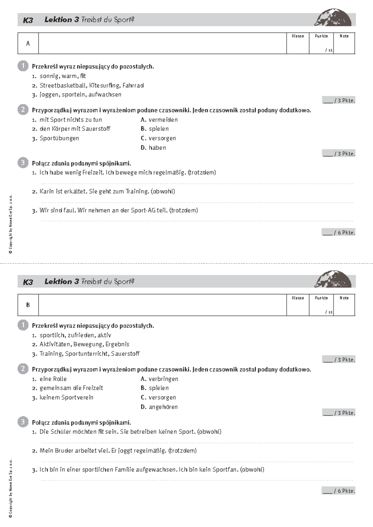 Kartkowka k3l3 gr a i b 3 - K K Klasse Punkte / 12 Note Klasse Punkte
