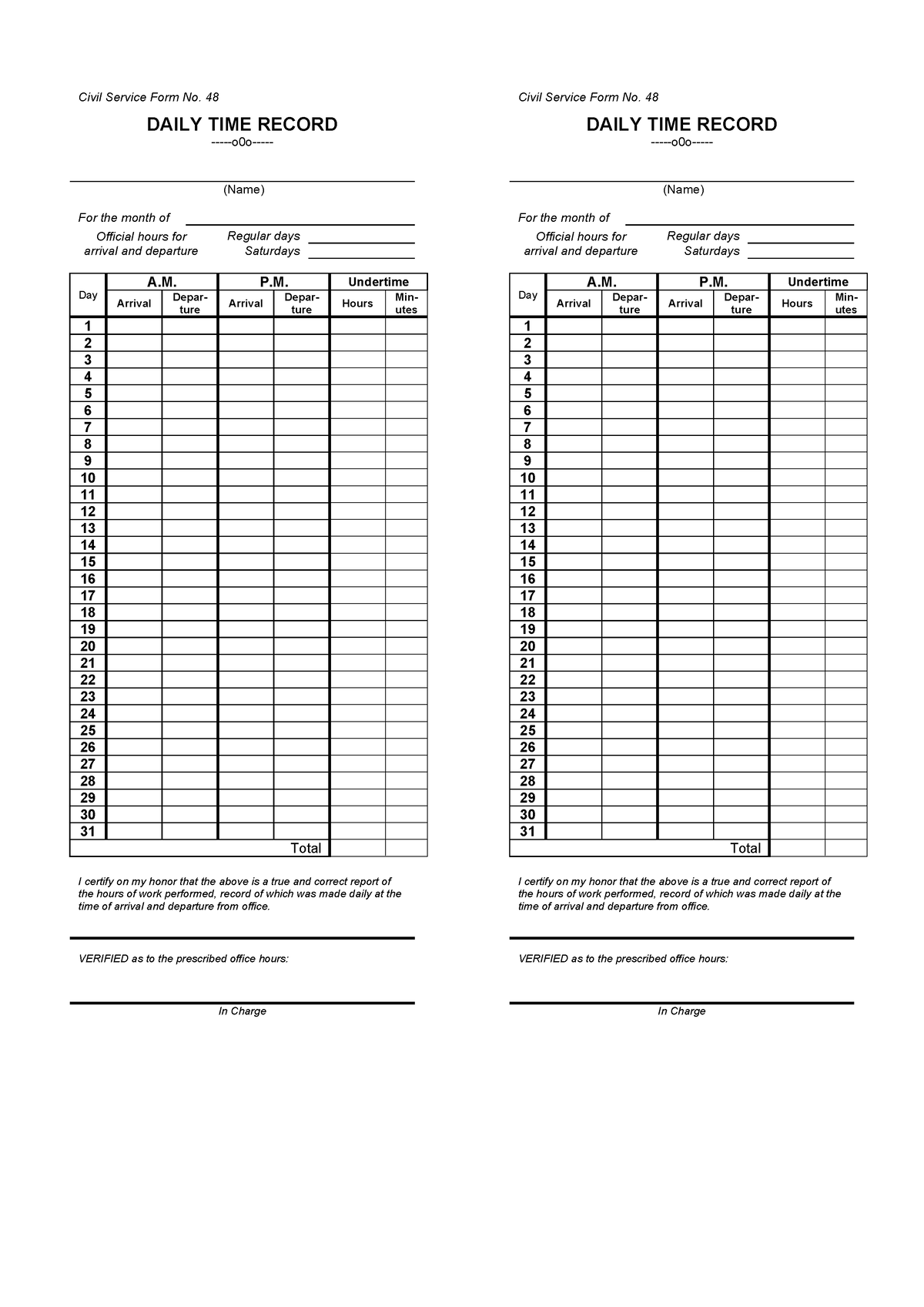 Appendix 24 - Daily Time Record (DTR) - Civil Service Form No. 48 DAILY ...