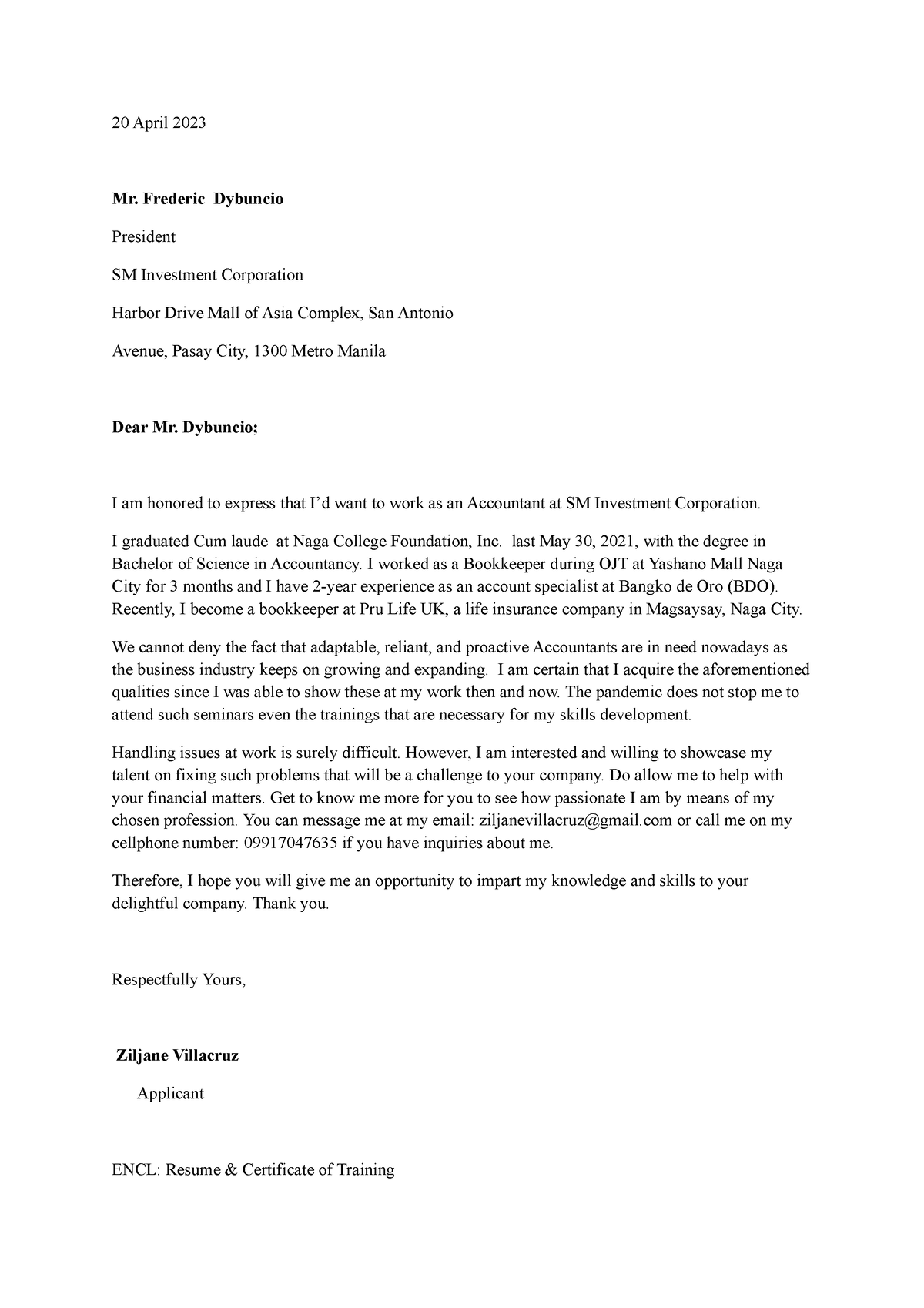 Application Letter (Draft) - 20 April 2023 Mr. Frederic Dybuncio ...