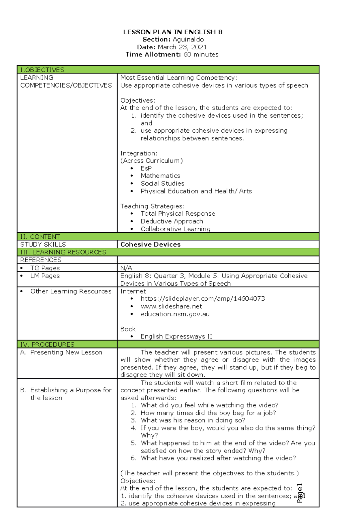 SEMI Detailed LP Explicit - LESSON PLAN IN ENGLISH 8 Section: Aguinaldo ...