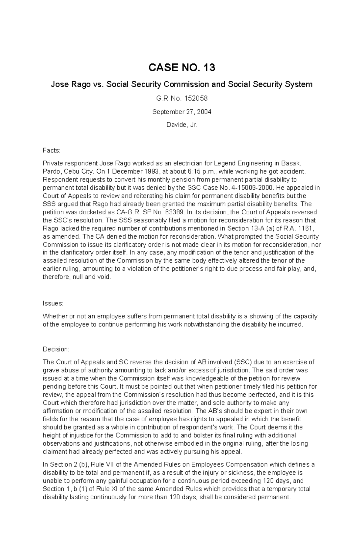 Pdfcoffee rty CASE NO. 13 Jose Rago vs. Social Security Commission