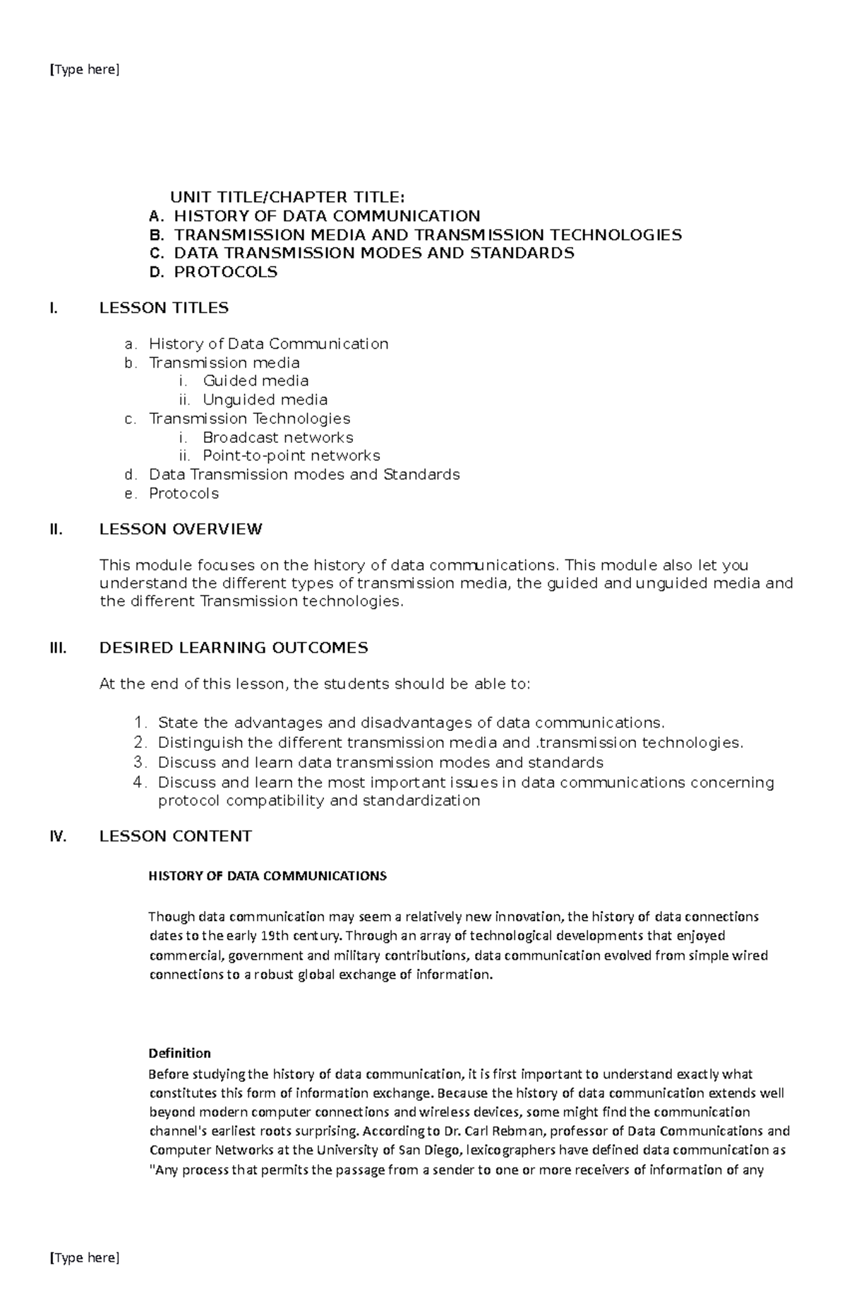 Module 1-Data Communications - UNIT TITLE/CHAPTER TITLE: A. HISTORY OF ...