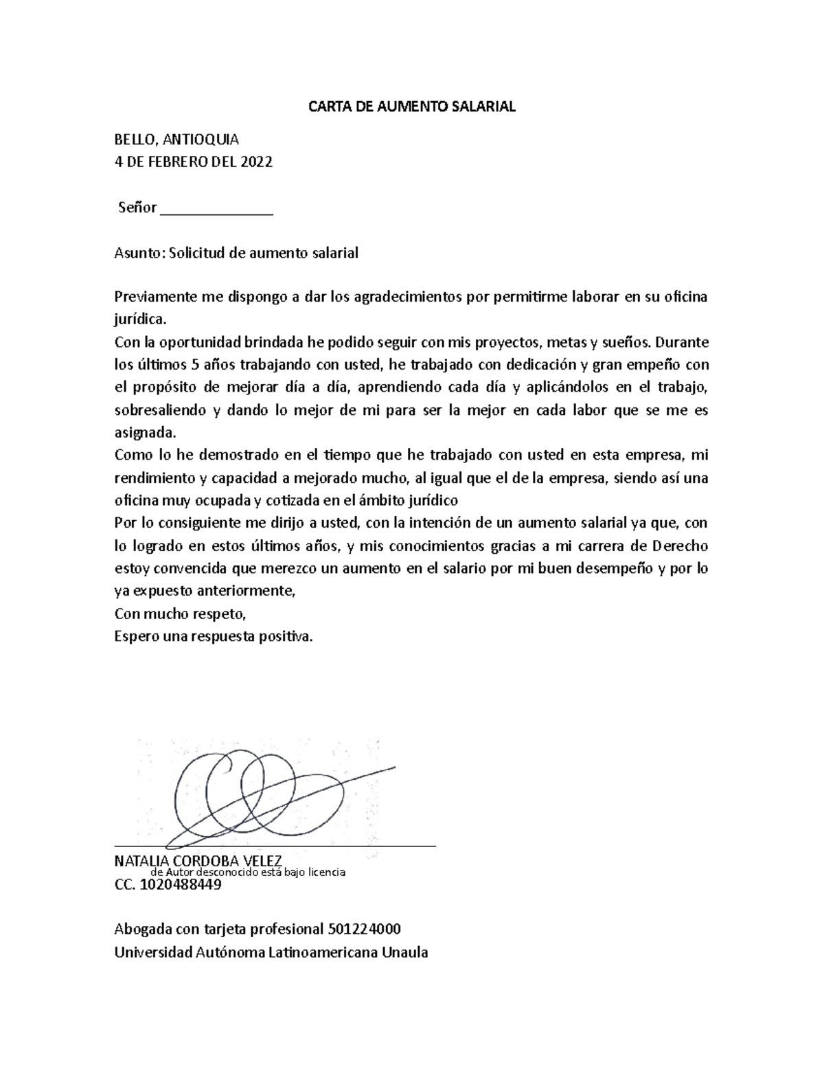 Carta DE Aumento Salarial - de Autor desconocido está bajo licencia CARTA  DE AUMENTO SALARIAL BELLO, - Studocu