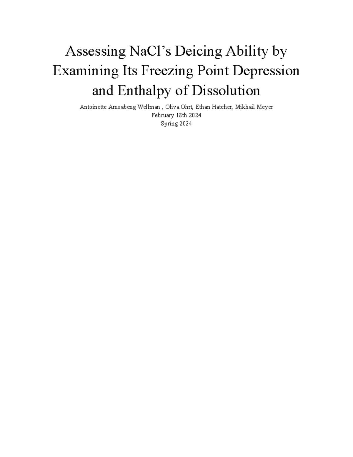 Deicer Lab Report Assessing NaCl’s Deicing Ability by Examining Its