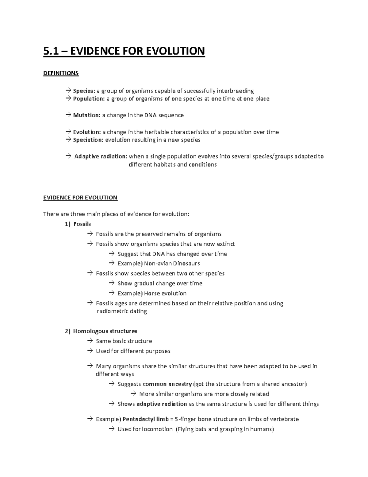 5 - 5.1 Summary Notes - 5 – EVIDENCE FOR EVOLUTION DEFINITIONS Species ...